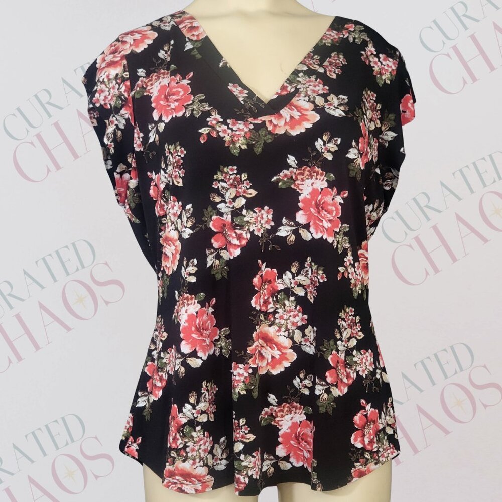 Black Floral V-Neck Blouse Women’s Large